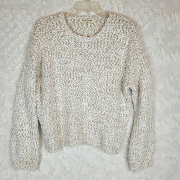 Yet Again ivory and tan loose knit chunky nubby crew neck sweater cozy beachy M - Picture 2 of 9
